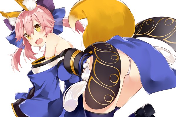 Anime picture 1500x1000 with fate (series) fate/extra type-moon tamamo (fate) (all) tamamo no mae (fate) kou mashiro single long hair blush fringe open mouth light erotic simple background white background animal ears yellow eyes pink hair ass tail traditional clothes