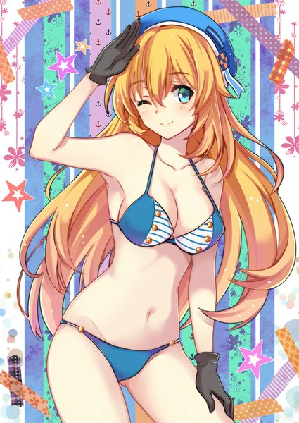 Anime picture 709x1000 with kantai collection atago heavy cruiser zonana single long hair tall image looking at viewer blue eyes light erotic blonde hair one eye closed wink girl navel swimsuit bikini beret