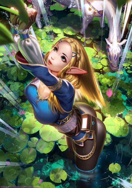 Anime picture 2829x4000 with the legend of zelda the legend of zelda: breath of the wild nintendo princess zelda liang xing single long hair tall image highres breasts light erotic blonde hair smile standing outdoors ass long sleeves aqua eyes from above pointy ears