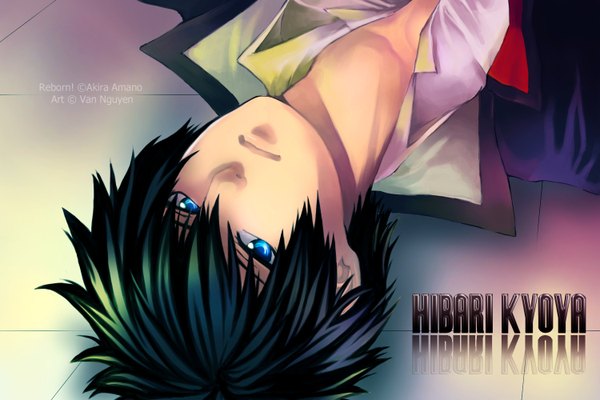 Anime picture 1500x1000 with katekyou hitman reborn hibari kyouya teebohne single looking at viewer fringe short hair blue eyes black hair hair between eyes signed lying inscription copyright name character names close-up face open collar upside down boy