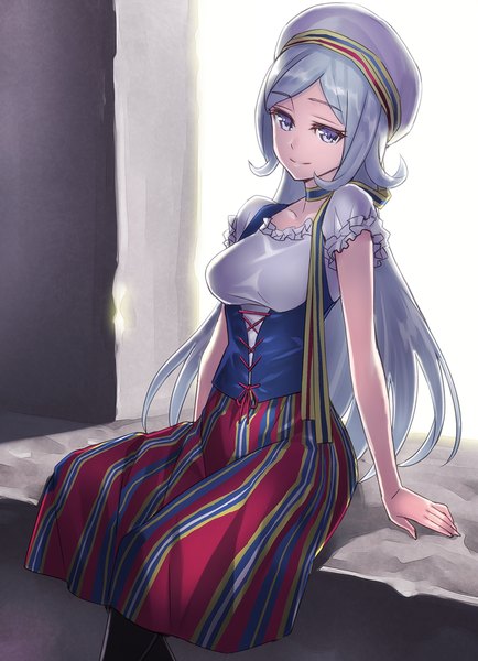Anime picture 869x1200 with mobile suit gundam gundam build fighters sunrise (studio) aila jyrkiainen matsuryuu single long hair tall image looking at viewer blue eyes sitting silver hair traditional clothes light smile underbust girl thighhighs skirt black thighhighs choker