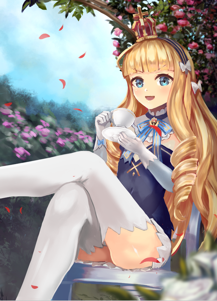 Anime picture 823x1139 with azur lane queen elizabeth (azur lane) ko 31 single long hair tall image looking at viewer blush fringe open mouth blue eyes light erotic blonde hair smile sitting holding blunt bangs :d blurry zettai ryouiki