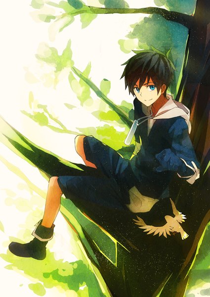 Anime picture 708x1000 with original takerusilt single tall image looking at viewer fringe short hair blue eyes black hair smile hair between eyes sitting full body outstretched arm boy plant (plants) animal tree (trees) boots bird (birds)