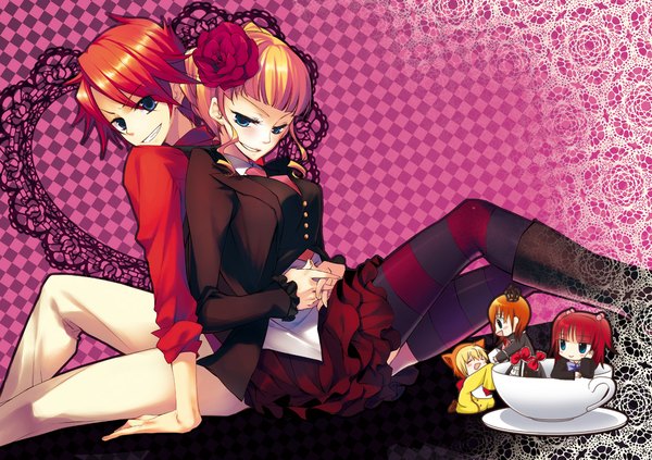 Anime picture 1101x777 with umineko no naku koro ni beatrice ushiromiya battler ushiromiya ange ushiromiya maria sakutarou (umineko) blue eyes blonde hair smile red hair hair flower chibi back to back girl thighhighs boy hair ornament heart