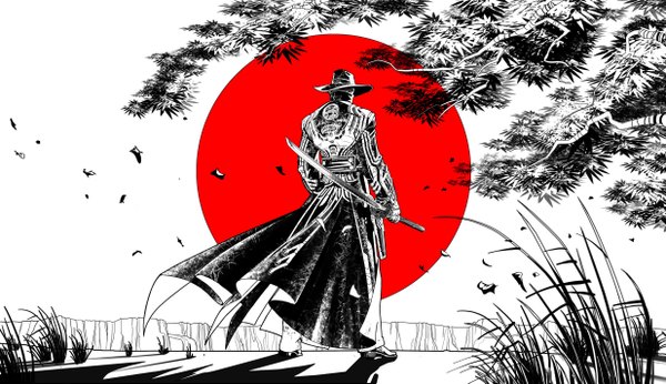 Anime picture 2471x1426 with red steel 2 highres wide image standing shadow back monochrome boy weapon plant (plants) hat sword katana leaf (leaves) cloak grass branch sun cowboy hat