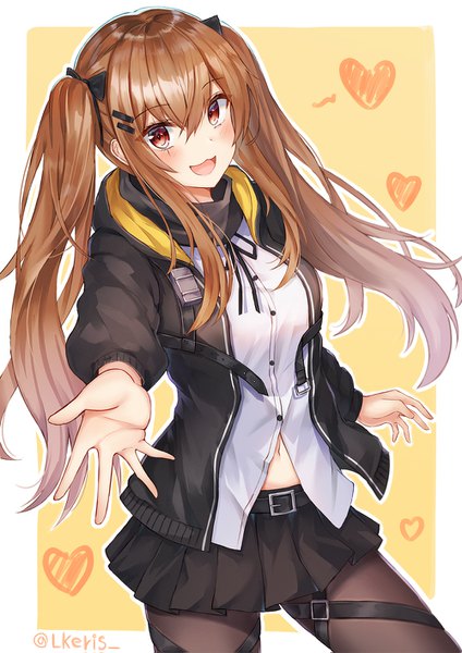 Anime picture 1000x1415 with girls frontline ump9 (girls frontline) lkeris single long hair tall image looking at viewer blush fringe breasts open mouth simple background smile hair between eyes red eyes brown hair standing twintails signed payot