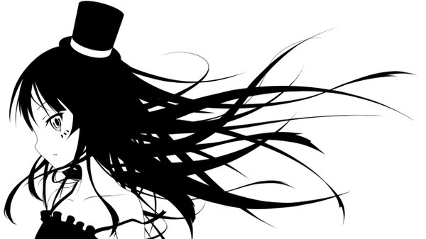 Anime picture 1366x768 with k-on! kyoto animation akiyama mio single long hair black hair simple background wide image white background profile wind black eyes monochrome portrait girl hat mini hat mini top hat top hat