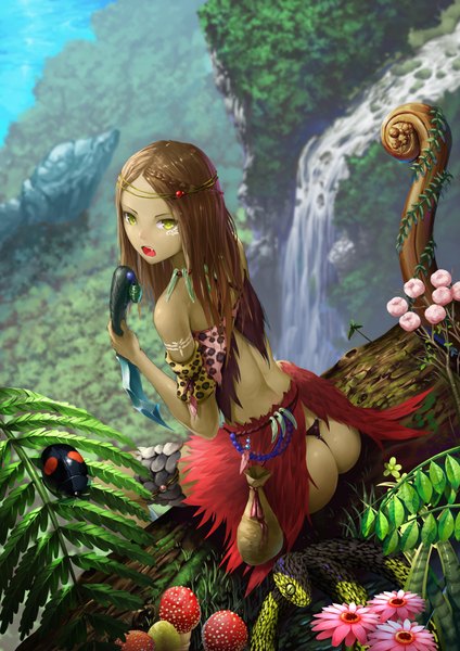 Anime picture 1240x1754 with original solru (tyappygain) single long hair tall image open mouth light erotic brown hair sitting bare shoulders green eyes ass teeth fang (fangs) girl underwear panties flower (flowers) weapon animal