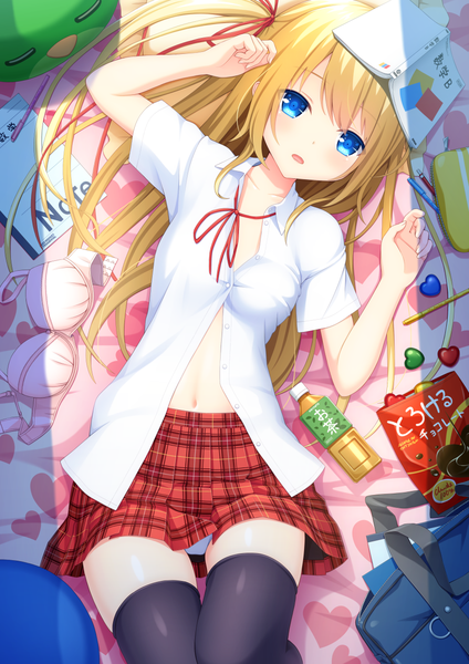 Anime picture 905x1280 with original iwamoto sora single long hair tall image looking at viewer blush fringe breasts open mouth blue eyes light erotic blonde hair payot indoors lying pleated skirt bare belly shadow short sleeves
