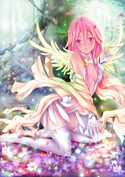 Anime picture 1654x2339 with guilty crown production i.g yuzuriha inori xiao seng (artist) single long hair tall image blush pink hair pink eyes girl thighhighs dress hair ornament flower (flowers) white thighhighs wings hairclip