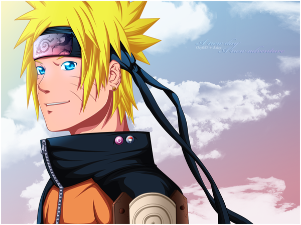 Anime picture 1200x900 with naruto studio pierrot naruto (series) uzumaki naruto kurama (kyuubi) azley single short hair blue eyes blonde hair smile sky cloud (clouds) inscription grin coloring facial mark portrait whisker markings angry