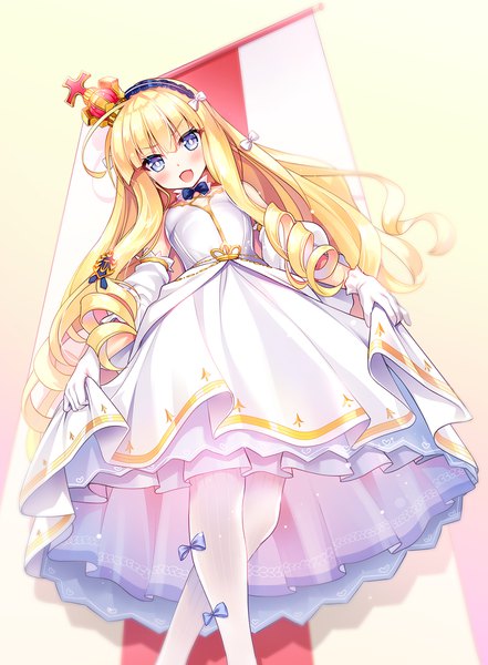 Anime picture 1471x2000 with azur lane queen elizabeth (azur lane) youta single long hair tall image looking at viewer fringe open mouth blue eyes blonde hair hair between eyes standing payot :d from below leaning drill hair tress ribbon crossed legs (standing)