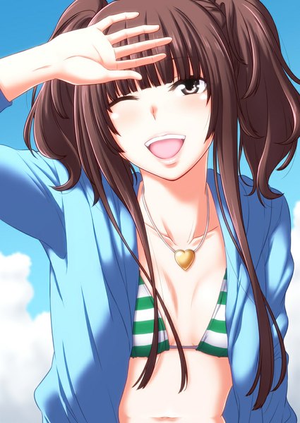 Anime picture 708x1000 with amagami kamizaki risa shouji nigou single long hair tall image blush fringe open mouth brown hair twintails brown eyes payot looking away sky cloud (clouds) one eye closed alternate hairstyle summer girl