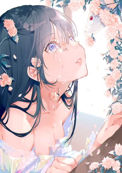 Anime picture 1447x2046 with original miwano rag single long hair tall image blush fringe breasts blue eyes hair between eyes blue hair cleavage upper body parted lips tears looking up crying girl flower (flowers) animal