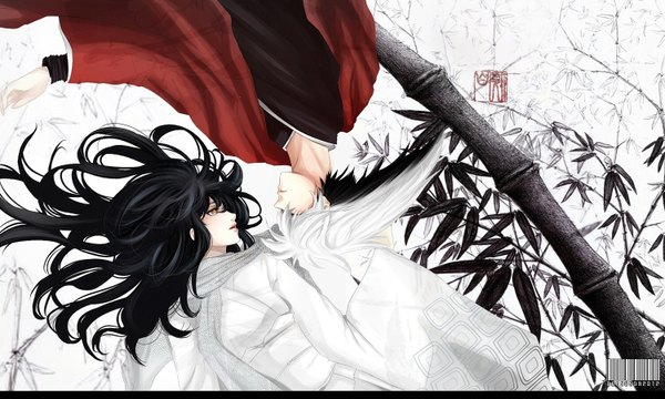 Anime picture 1500x901 with nurarihyon no mago nura rikuo yuki onna (nurarihyon no mago) oikawa tsurara humonster long hair black hair simple background wide image yellow eyes white hair lying eyes closed traditional clothes japanese clothes profile multicolored hair two-tone hair couple face to face