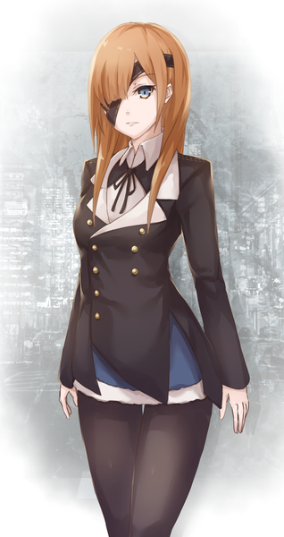 Anime-Bild 648x1220 mit fate (series) fate/grand order ophelia phamrsolone flugel (kaleido scope-710) single long hair tall image looking at viewer fringe breasts blue eyes brown hair standing long sleeves parted lips hair over one eye fur trim city cityscape double buttons