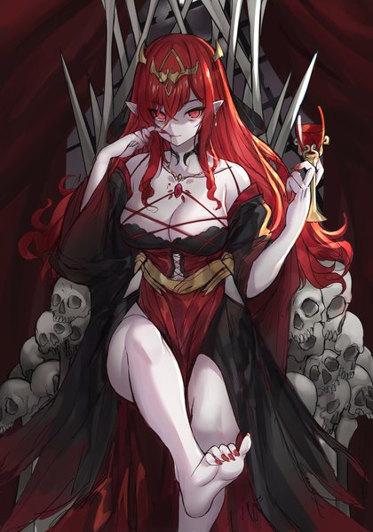Anime picture 1400x2000 with original k jin single long hair tall image looking at viewer fringe breasts light erotic hair between eyes red eyes large breasts sitting bare shoulders holding payot cleavage bent knee (knees) red hair nail polish