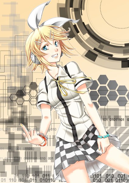 Anime picture 1200x1697 with vocaloid kagamine rin tiger rampage (vocaloid) single tall image short hair blue eyes blonde hair middle finger girl skirt hair ornament bow hair bow miniskirt bracelet headphones bobby pin