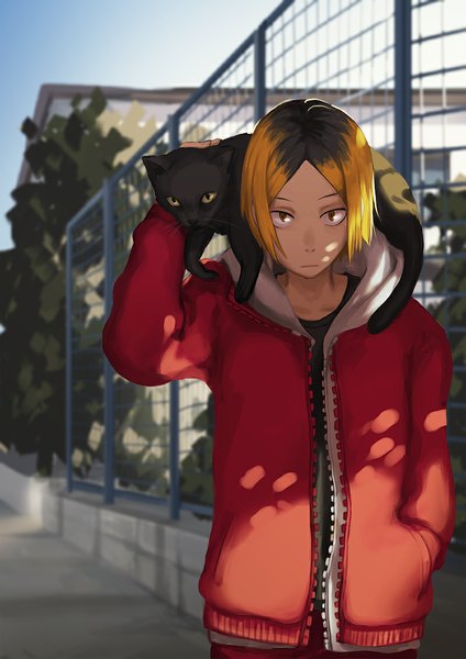 Anime picture 800x1132 with haikyuu!! production i.g kozume kenma kahmurio single tall image looking at viewer short hair blonde hair sky outdoors multicolored hair open clothes open jacket two-tone hair gradient hair hand in pocket animal on shoulder boy plant (plants)