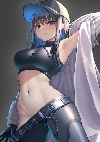 Anime picture 2894x4093 with blue archive saori (blue archive) okayusonmu single long hair tall image looking at viewer fringe highres breasts blue eyes light erotic black hair simple background large breasts standing blunt bangs long sleeves multicolored hair arm up