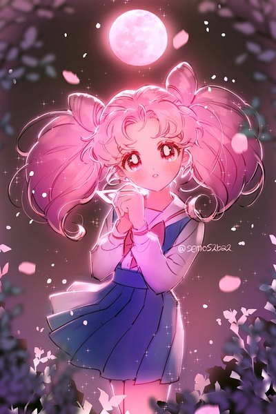 Anime picture 600x900 with bishoujo senshi sailor moon toei animation chibiusa semos2ba2 single long hair tall image looking at viewer blush fringe red eyes standing twintails signed pink hair parted lips head tilt pleated skirt blurry hair bun (hair buns)