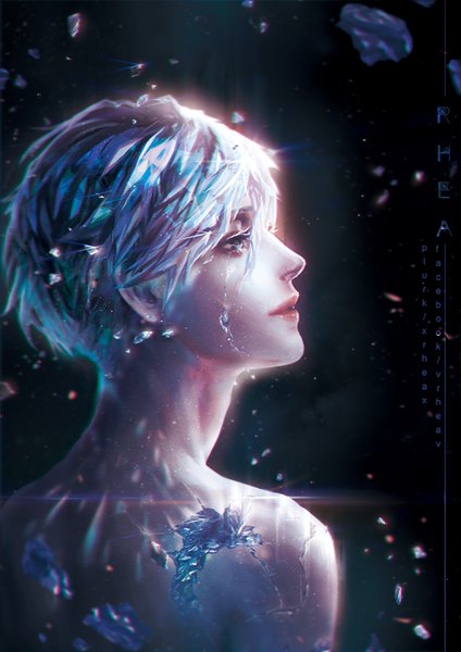 Anime picture 624x882 with houseki no kuni antarcticite xrheax single tall image fringe short hair simple background hair between eyes signed looking away silver hair upper body parted lips profile from behind tears dark background crying silver eyes