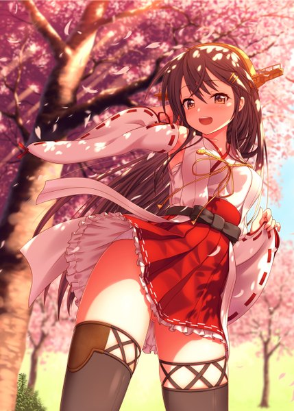 Anime picture 888x1243 with kantai collection haruna battleship nazu-na single long hair tall image looking at viewer blush open mouth light erotic brown hair brown eyes traditional clothes japanese clothes pleated skirt sunlight pantyshot cherry blossoms nontraditional miko girl