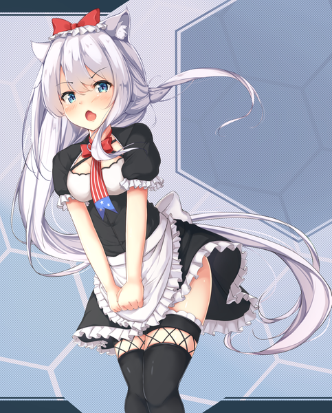 Anime-Bild 1137x1413 mit azur lane hammann (azur lane) meimei (suiginto6106) single tall image looking at viewer blush fringe breasts open mouth blue eyes hair between eyes standing animal ears silver hair very long hair cat ears short sleeves maid thighs