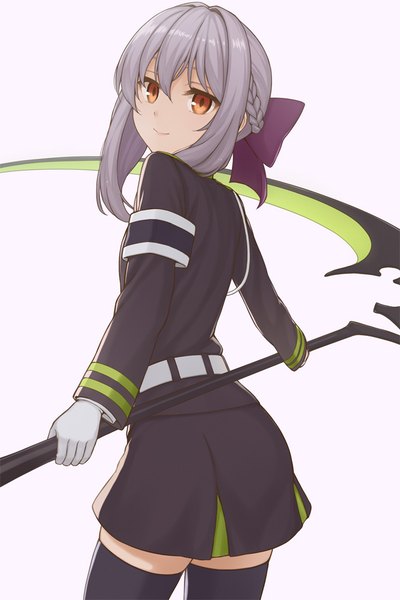 Anime picture 667x1000 with owari no seraph wit studio hiiragi shinoa nananichi single long hair tall image looking at viewer fringe simple background hair between eyes standing holding payot braid (braids) long sleeves looking back light smile grey hair from below
