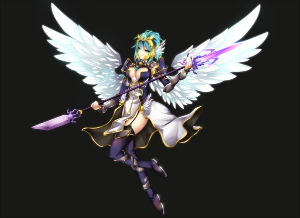 Anime picture 1800x1312 with fi-san single highres short hair light erotic cleavage aqua eyes aqua hair black background angel wings valkyrie girl thighhighs hair ornament black thighhighs thigh boots spear