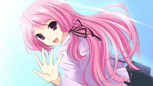 Anime picture 1280x720 with strawberry feels long hair open mouth wide image purple eyes pink hair game cg looking back girl