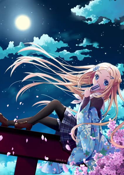 Anime picture 2480x3507 with hanayamata madhouse hana n. fontainestand fukio single long hair tall image highres blue eyes blonde hair cloud (clouds) night night sky cherry blossoms girl skirt plant (plants) petals pantyhose tree (trees)