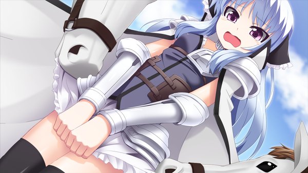 Anime picture 1280x720 with sangoku hime unicorn-a long hair open mouth light erotic wide image purple eyes game cg white hair girl thighhighs black thighhighs armor horse