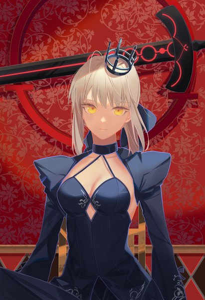 Anime picture 1300x1900 with fate (series) fate/stay night artoria pendragon (all) saber alter tr (hareru) single tall image looking at viewer fringe short hair blonde hair yellow eyes upper body girl dress ribbon (ribbons) weapon hair ribbon sword black dress