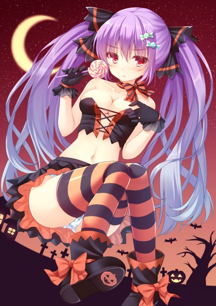 Anime picture 868x1228 with original miko (royal milk) single long hair tall image looking at viewer blush breasts light erotic red eyes twintails purple hair multicolored hair two-tone hair pantyshot sitting halloween girl thighhighs gloves navel