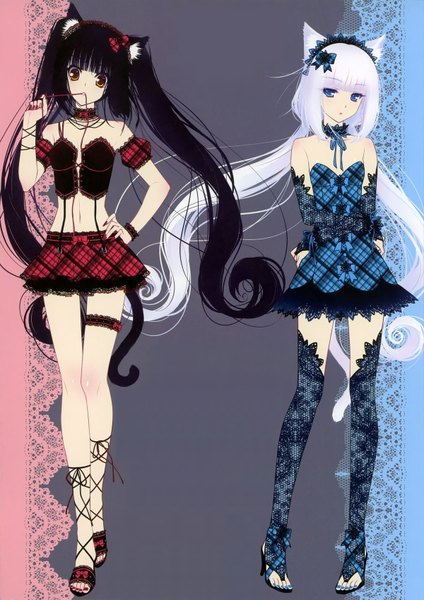 Anime picture 1200x1699 with neko paradise vanilla (nekopara) chocola (nekopara) sayori long hair tall image looking at viewer fringe blue eyes black hair standing twintails bare shoulders multiple girls animal ears yellow eyes white hair tail very long hair nail polish