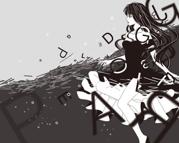Аниме картинка 1280x1024 с оригинальное изображение eri kamijou один (одна) длинные волосы чёлка чёрные волосы голые плечи смотрит в сторону профиль надпись серый фон высокие каблуки чёрный фон монохромное раскинутые руки бледная кожа девушка платье