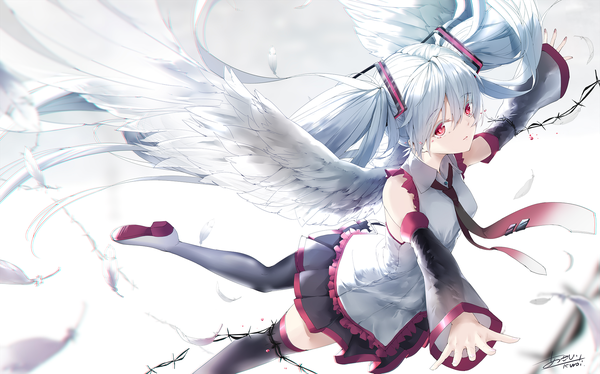 Anime picture 2039x1274 with vocaloid albino (vocaloid) hatsune miku asahi kuroi single looking at viewer fringe highres simple background hair between eyes red eyes wide image white background twintails signed white hair very long hair pleated skirt fingernails zettai ryouiki