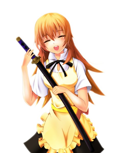 Anime picture 803x1080 with working!! a-1 pictures todoroki yachiyo amayofoo single long hair tall image open mouth simple background smile white background eyes closed orange hair girl skirt weapon sword bowtie katana apron