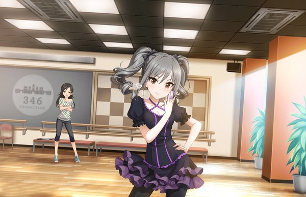 Anime picture 1280x824 with idolmaster idolmaster cinderella girls idolmaster cinderella girls starlight stage kanzaki ranko trainer (idolmaster) long hair looking at viewer black hair smile twintails multiple girls brown eyes grey hair official art drill hair nation blue girl dress 2 girls