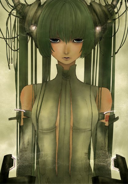 Anime picture 1730x2480 with vocaloid vocaloid append hatsune miku hatsune miku (append) rakeru single long hair tall image fringe highres hair between eyes twintails upper body green hair grey background grey eyes tattoo expressionless girl detached sleeves
