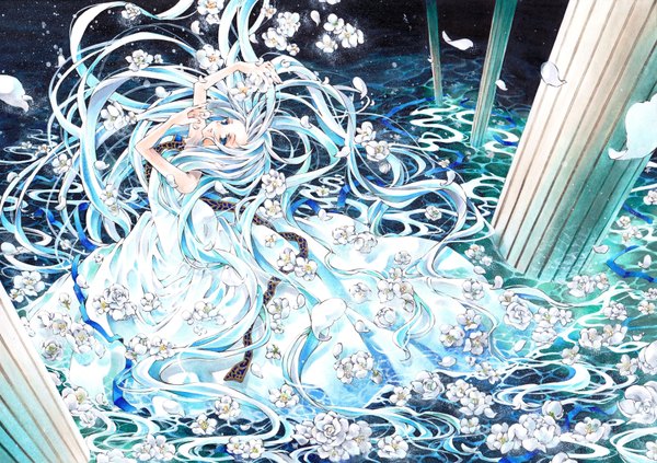 Anime picture 3504x2471 with original uguisu single long hair highres blue eyes blue hair absurdres girl dress flower (flowers) petals water blue dress pillar column