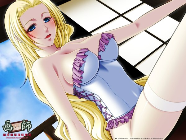 Anime picture 1600x1200 with long hair blush blue eyes light erotic blonde hair lingerie