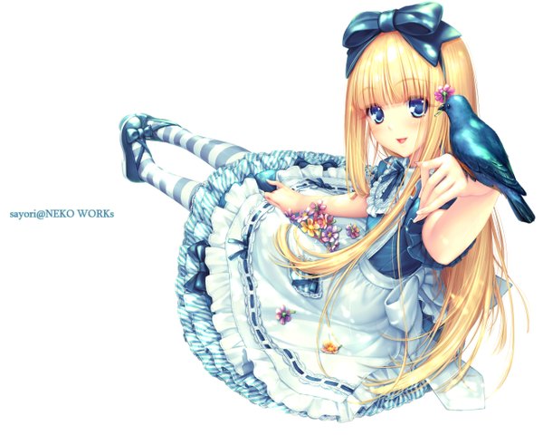 Anime picture 1280x1024 with alice in wonderland alice (wonderland) sayori single long hair blush blue eyes simple background blonde hair smile white background sitting looking back bird on hand girl dress flower (flowers) bow hair bow animal