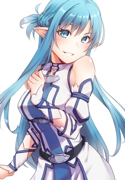 Anime picture 750x1080 with sword art online a-1 pictures yuuki asuna asuna (sao-alo) reitency single long hair tall image looking at viewer blush blue eyes simple background smile white background blue hair upper body pointy ears grin half updo girl