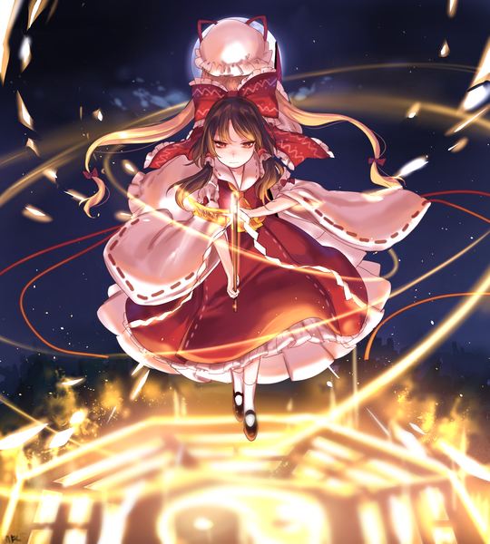 Anime picture 1800x2000 with touhou hakurei reimu yakumo yukari shan tall image highres red eyes brown hair twintails multiple girls full body traditional clothes japanese clothes night wide sleeves night sky magic looking down miko serious