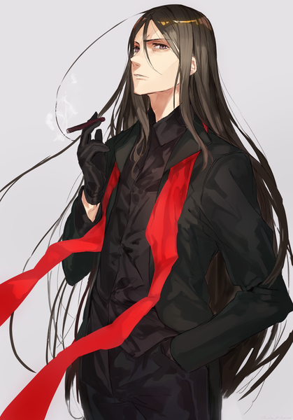 Anime picture 1048x1500 with fate (series) fate/zero waver velvet lord el-melloi ii mika pikazo single long hair tall image looking at viewer fringe simple background hair between eyes brown hair holding brown eyes grey background smoke hand in pocket serious smoking