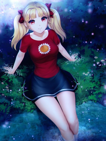 Anime picture 750x1000 with original gigamessy single long hair tall image fringe breasts light erotic blonde hair red eyes sitting twintails outdoors blunt bangs from above light smile arm support pantyshot looking up pantyshot sitting