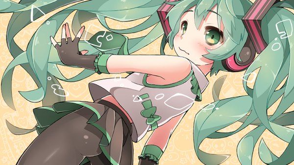 Anime picture 1244x700 with vocaloid hatsune miku chitetan single long hair light erotic simple background wide image twintails green eyes green hair dutch angle yellow background girl skirt gloves miniskirt pantyhose headphones fingerless gloves