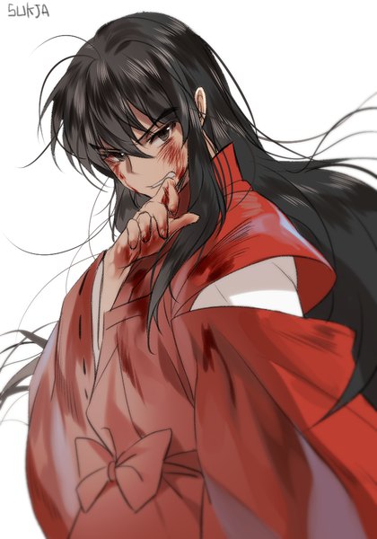 Anime picture 700x1000 with inuyasha inuyasha (character) inuyasha (human form) sorolp single long hair tall image looking at viewer black hair simple background white background signed traditional clothes japanese clothes black eyes blurry wide sleeves text turning head hand to mouth